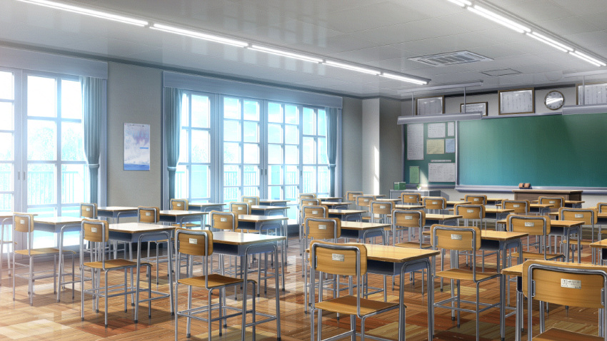 analog_clock, bulletin_board, chalkboard, classroom, clock, curtains, day, desk
