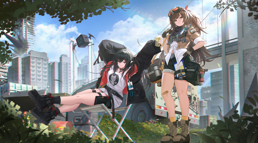 2girls, absurdres, arknights, arms_up, bag, bandaid, bandaid_on_knee, bandaid_on_leg, black_footwear, black_hair, black_jacket, black_shorts, black_socks, boots, box, bridge, brown_footwear, brown_hair, building, car, chair, cityscape, closure_(arknights), clouds, cloudy_sky, commission, crossover, cup, drone, full_body, girls'_frontline_2:_exilium, girls_frontline, github, gloves, goggles, goggles_on_head, hair_between_eyes, hand_on_own_hip, highres, holding, holding_cup, id_card, jacket, lan_liyu_renzi, lanyard, lens_flare, logo_parody, long_hair, looking_at_viewer, mayling_shen_(girls'_frontline_2), motor_vehicle, multiple_girls, open_clothes, open_jacket, outdoors, pointy_ears, red_eyes, red_jacket, scenery, second-party_source, shirt, shorts, sitting, sky, smile, socks, thighs, traffic_cone, two-sided_fabric, two-sided_jacket, white_shirt