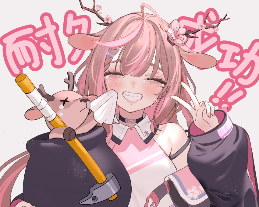 1girl, ahoge, animal_ears, antlers, black_choker, black_jacket, brown_hair, choker