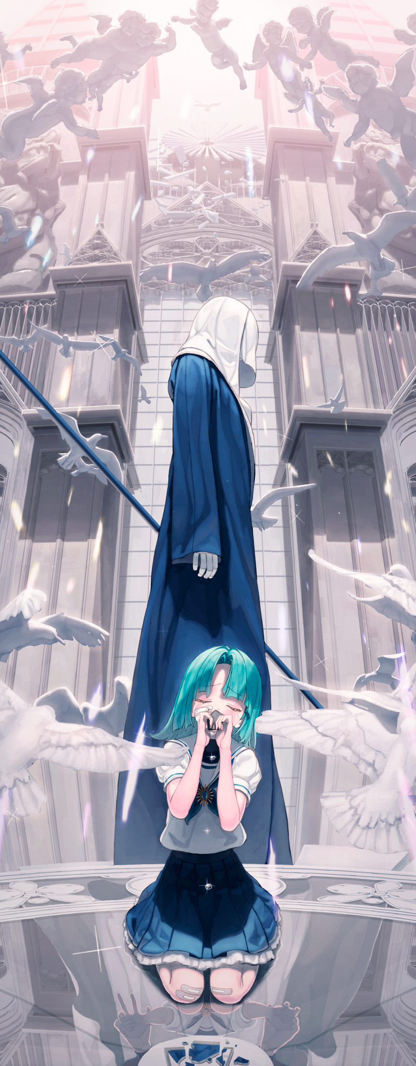 2girls, absurdres, ado_(utaite), akuru-chan, bandaid, bandaid_on_face, bandaid_on_leg, blue_brooch