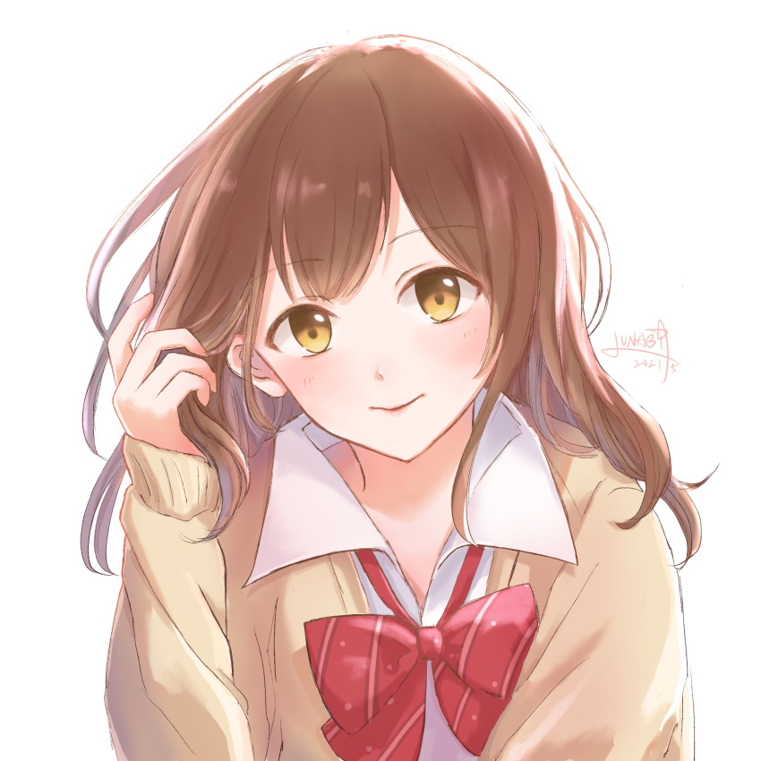 1girl, blush, bow, bowtie, brown_cardigan, brown_hair, cardigan, closed_mouth