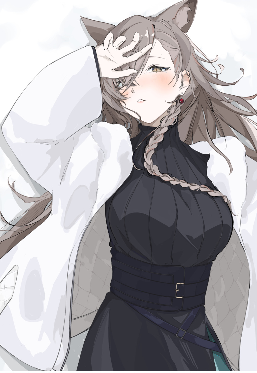1girl, absurdres, adesu_(gekkahyouzin), animal_ears, arknights, black_skirt, black_sweater, braid
