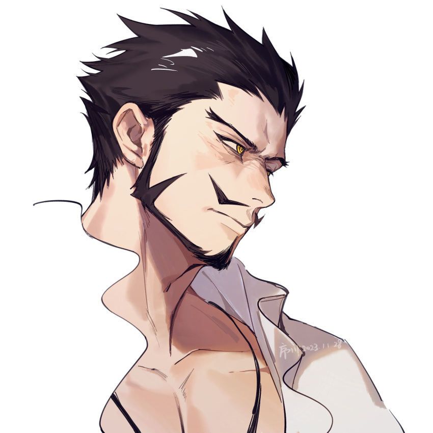 1boy, black_hair, closed_mouth, dated, dracule_mihawk, facial_hair, frilled_shirt, frills