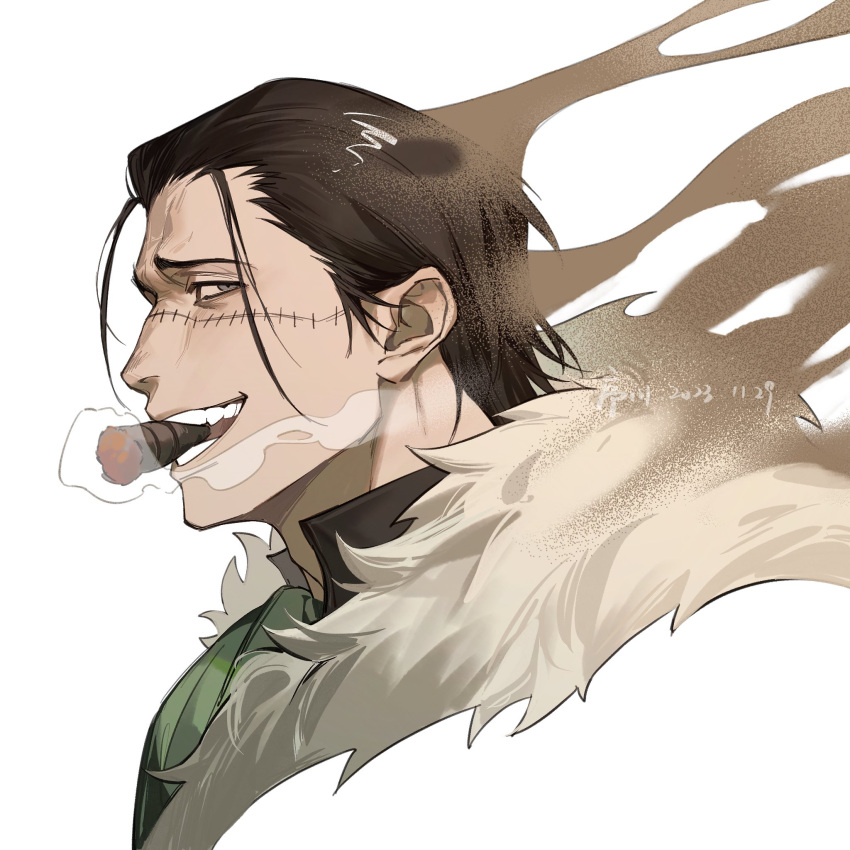 1boy, ascot, black_hair, black_shirt, cigar, coat, crocodile_(one_piece), dated