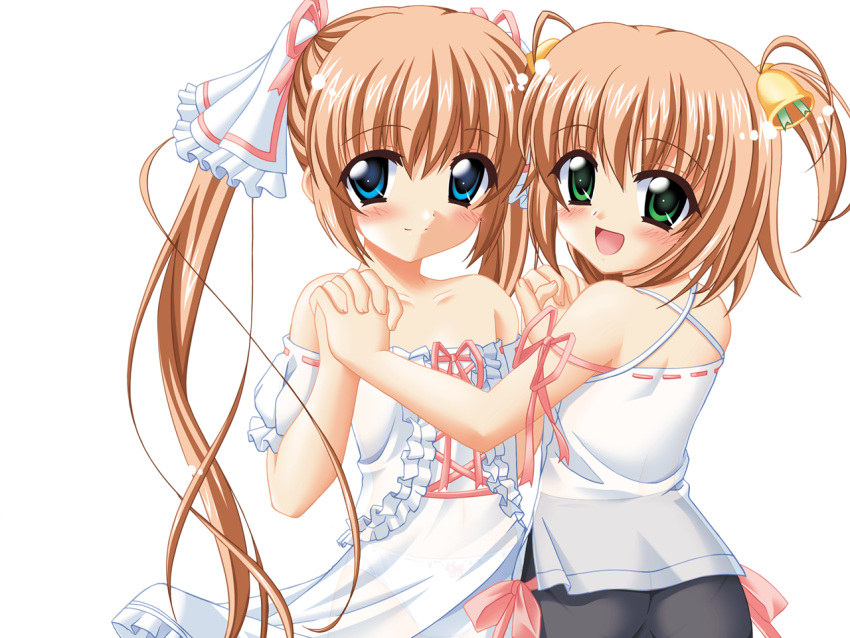 2girls, bell, bike_shorts, black_bike_shorts, blue_eyes, blush, dress, green_eyes