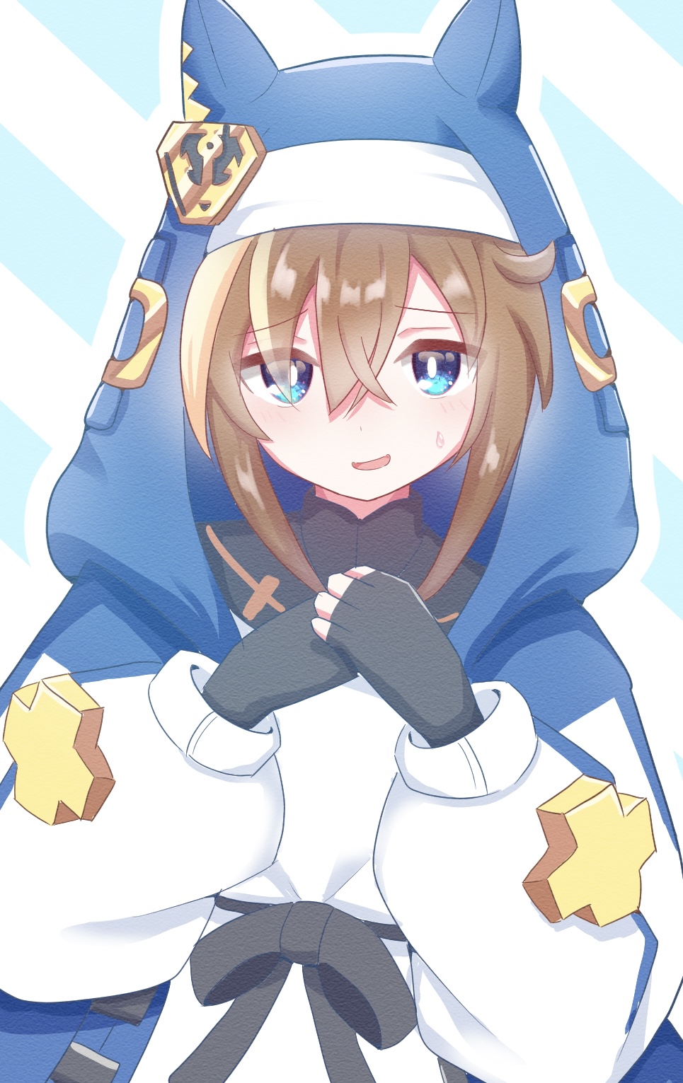 1girl, 2nisikoyn, animal_ears, aqua_eyes, black_bow, black_gloves, blue_background, blush, bow, bridget_(guilty_gear), bridget_(guilty_gear)_(cosplay), brown_hair, cheval_grand_(umamusume), cosplay, fingerless_gloves, gloves, guilty_gear, guilty_gear_strive, habit, hair_between_eyes, highres, hood, hood_up, hooded_jacket, hoodie, horse_ears, jacket, light_brown_hair, long_sleeves, looking_at_viewer, medium_hair, multicolored_hair, nervous_smile, open_clothes, open_hoodie, open_mouth, puffy_long_sleeves, puffy_sleeves, simple_background, smile, solo, streaked_hair, striped, striped_background, sweatdrop, umamusume, upper_body, white_background, white_hair