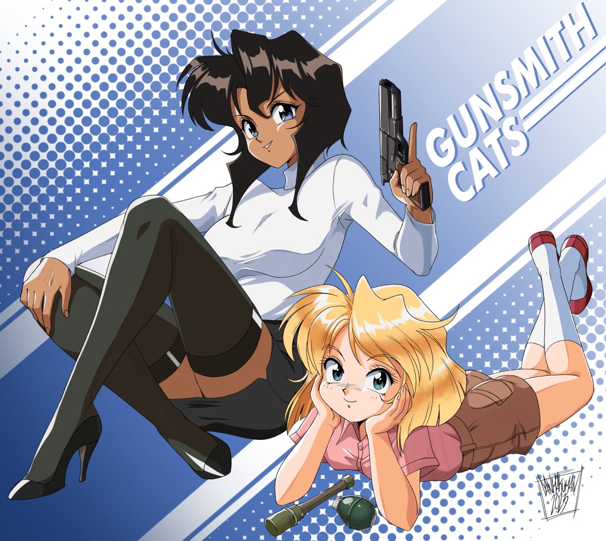 1990s_(style), 2girls, alternate_legwear, black_footwear, black_hair, black_skirt, black_thighhighs, blonde_hair