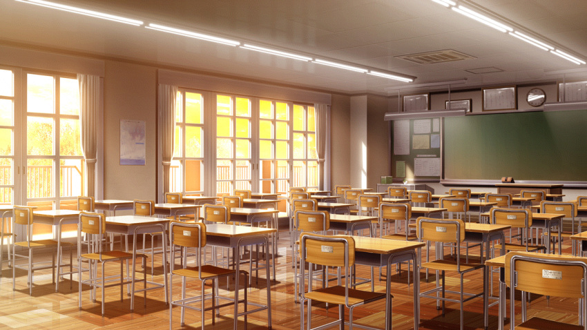 analog_clock, bulletin_board, ceiling_light, chalkboard, classroom, clock, curtains, desk, evening, film_grain, game_cg, indoors, izumi_tsubasu, no_humans, non-web_source, official_art, poster_(object), re:stage!, reflective_ceiling, reflective_floor, scenery, school, school_desk, wall_clock, window