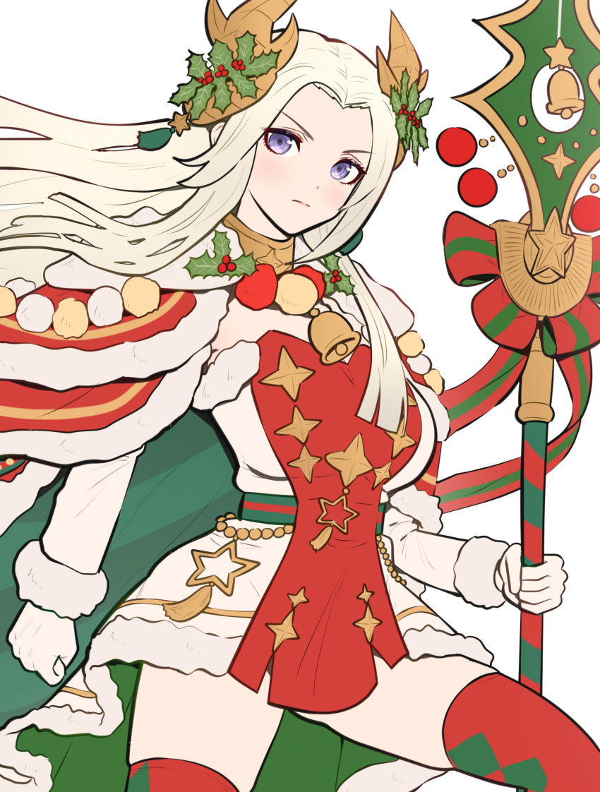 1girl, bell, cape, christmas, closed_mouth, commentary, dress, edelgard_von_hresvelg, edelgard_von_hresvelg_(snowfall_future), fire_emblem, fire_emblem:_three_houses, fire_emblem_heroes, fur-trimmed_cape, fur-trimmed_dress, fur_trim, gloves, gonzarez, highres, holding, holding_polearm, holding_weapon, holly, horns, intelligent_systems, jewelry, jingle_bell, nintendo, official_alternate_costume, polearm, red_dress, ribbon, solo, star_(symbol), thigh-highs, thighs, two-tone_dress, violet_eyes, weapon, white_background, white_dress, white_gloves, white_hair, zettai_ryouiki