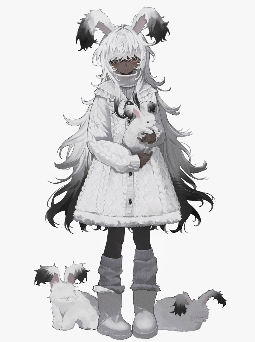 1girl, animal, animal_ears, blush, boots, cable_knit, coat, dark-skinned_female