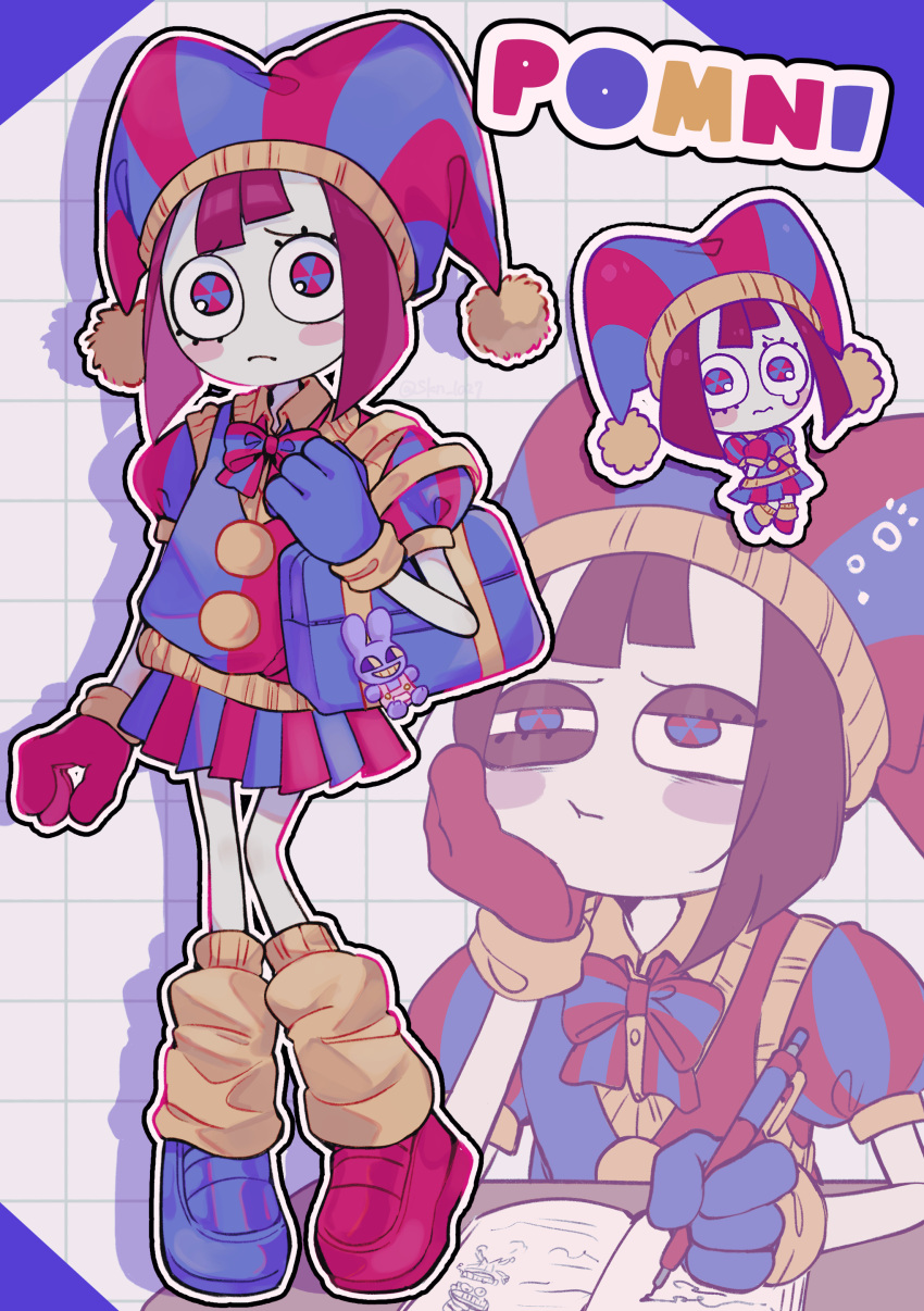 1girl, absurdres, asymmetrical_footwear, asymmetrical_gloves, blue_gloves, character_name, chibi, crying, expressionless, gloves, grid_background, highres, looking_at_viewer, multicolored_clothes, multicolored_skirt, multiple_views, pomni_(the_amazing_digital_circus), radiation_symbol-shaped_pupils, red_gloves, shadow, skirt, skn_1027, solo, the_amazing_digital_circus, white_background, writing