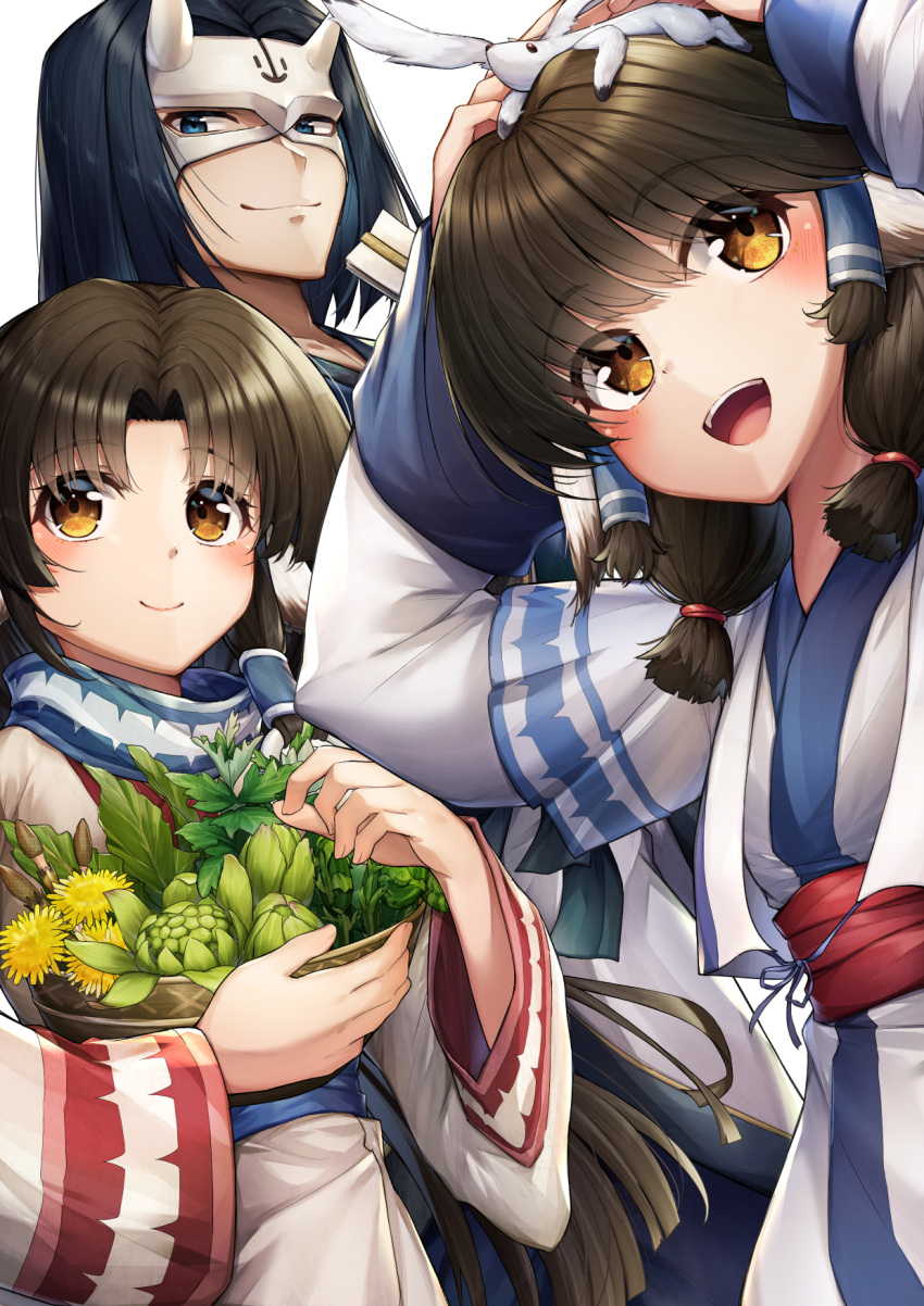 1boy, 2girls, :d, animal_ears, animal_on_head, arms_up, aruruu, basket, black_hair, blue_eyes, blue_sash, blush, brown_eyes, closed_mouth, commentary_request, eruruu, eye_mask, eyelashes, eyes_visible_through_hair, hair_between_eyes, hair_tubes, hakuowlo, herb, highres, holding, holding_basket, japanese_clothes, kimono, lips, long_hair, long_sleeves, looking_at_another, looking_up, marutenmaruten, medium_hair, multiple_girls, nose, on_head, open_mouth, parted_bangs, red_sash, rubber_band, sash, siblings, sidelocks, simple_background, sisters, smile, straight_hair, teeth, upper_teeth_only, upturned_eyes, utawarerumono, utawarerumono:_itsuwari_no_kamen, white_background, white_kimono, white_sleeves