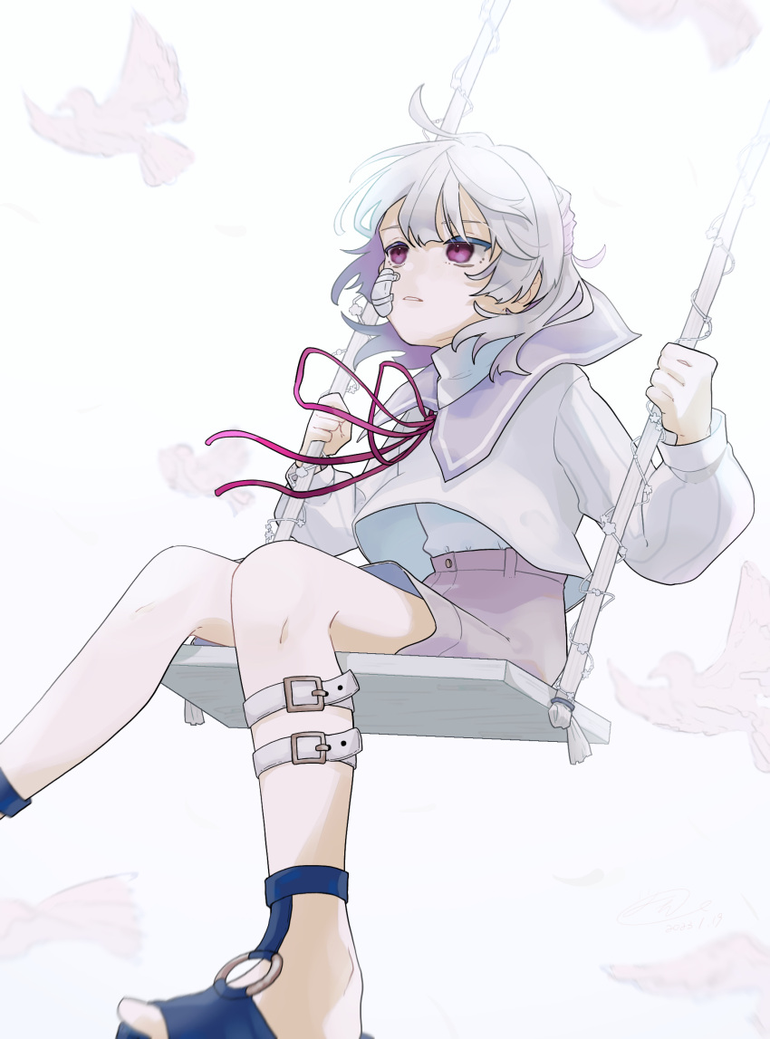 1boy, absurdres, akuru-chan, akuru-chan_(cosplay), bandaid, bandaid_on_face, commentary, cosplay, eien_no_akuru_hi, genzuki_toujirou, highres, ibispaint_(medium), kurin_min, long_sleeves, male_focus, neck_ribbon, nijisanji, otoko_no_ko, parted_lips, pink_sailor_collar, red_ribbon, ribbon, sailor_collar, shirt, simple_background, solo, swing, violet_eyes, white_background, white_dove, white_hair, white_shirt