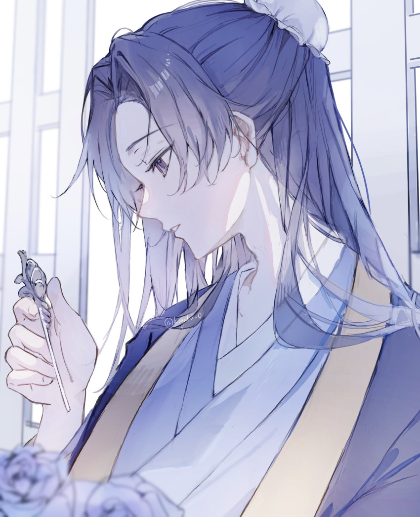 1boy, blurry, bun_cover, chinese_clothes, chinese_hairpin, depth_of_field, flower, hanfu, highres, holding_hairpin, jinshi_(kusuriya_no_hitorigoto), kagaku_o, kusuriya_no_hitorigoto, long_hair, looking_at_object, looking_down, open_mouth, purple_flower, purple_hair, solo, violet_eyes, window