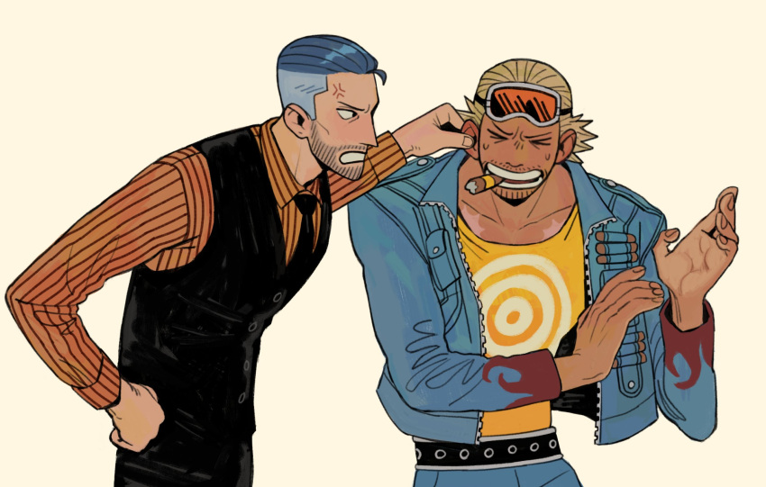 2boys, anger_vein, angry, beard_stubble, black_necktie, blonde_hair, blue_hair, blue_jacket
