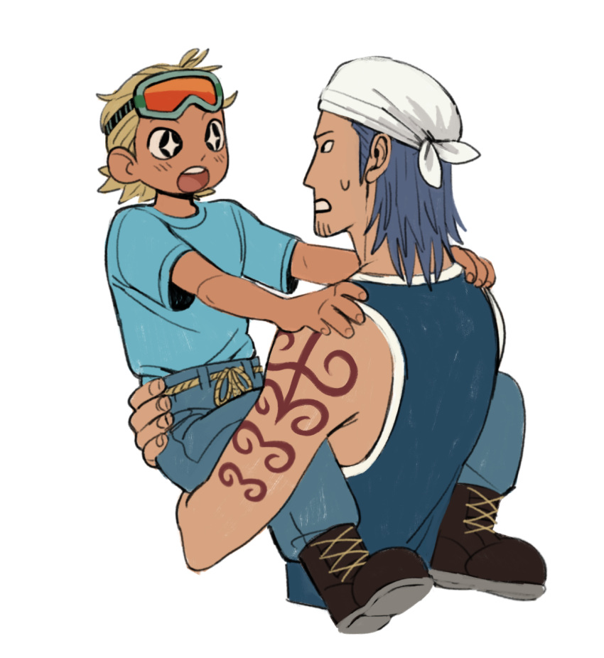 2boys, age_difference, aged_down, back, bandana, blonde_hair, blue_hair, carrying