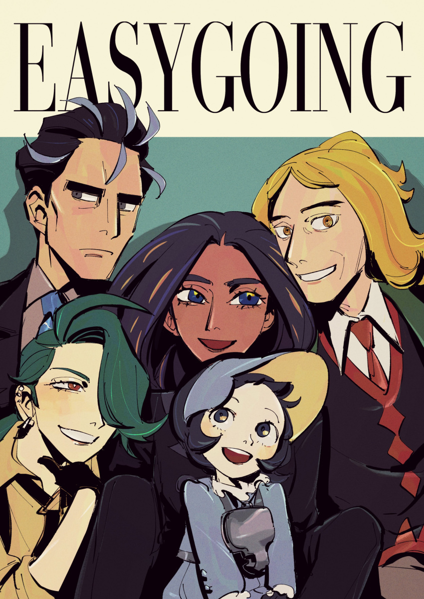 2boys, 3girls, absurdres, androgynous, black_gloves, black_hair, black_necktie, black_vest, blonde_hair, blue_eyes, bonnet, bright_pupils, collared_shirt, dark-skinned_female, dark_skin, dnbsan, dress, geeta_(pokemon), gloves, green_hair, green_jacket, grey_dress, grey_hair, grey_headwear, hair_over_one_eye, half_updo, hassel_(pokemon), highres, jacket, larry_(pokemon), long_hair, multicolored_hair, multiple_boys, multiple_girls, necktie, pokemon, pokemon_sv, poppy_(pokemon), red_necktie, rika_(pokemon), shirt, short_hair, streaked_hair, two-tone_hair, vest, visor_cap, white_pupils, yellow_eyes