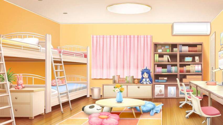 air_conditioner, bed, bedroom, book, bookshelf, bunk_bed, calendar_(object), candy-shaped_pillow