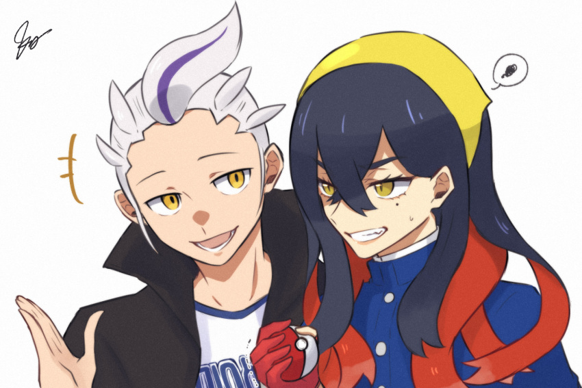 1boy, 1girl, black_hair, blue_gakuran, blue_jacket, blueberry_academy_school_uniform, carmine_(pokemon), colored_inner_hair