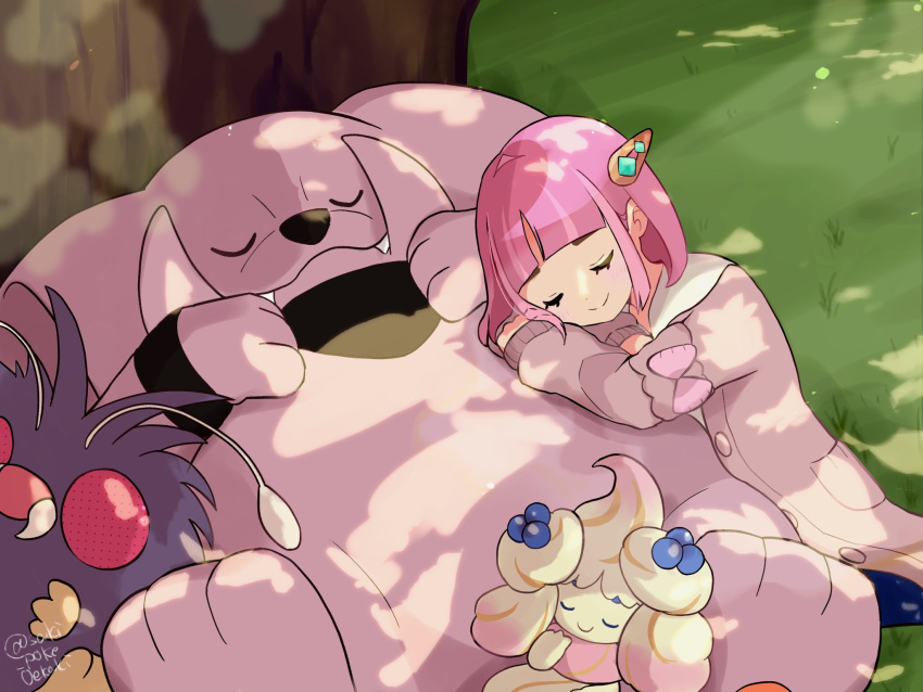 1girl, alcremie, alcremie_(berry_sweet), blueberry, blueberry_hair_ornament, blunt_bangs, cardigan, closed_eyes, closed_mouth, fangs, food, food-themed_hair_ornament, fruit, granbull, hair_ornament, hairclip, highres, lacey_(pokemon), long_sleeves, pink_hair, pokemon, pokemon_(creature), pokemon_sv, saki_pokeoekaki, sleeping, smile, venonat