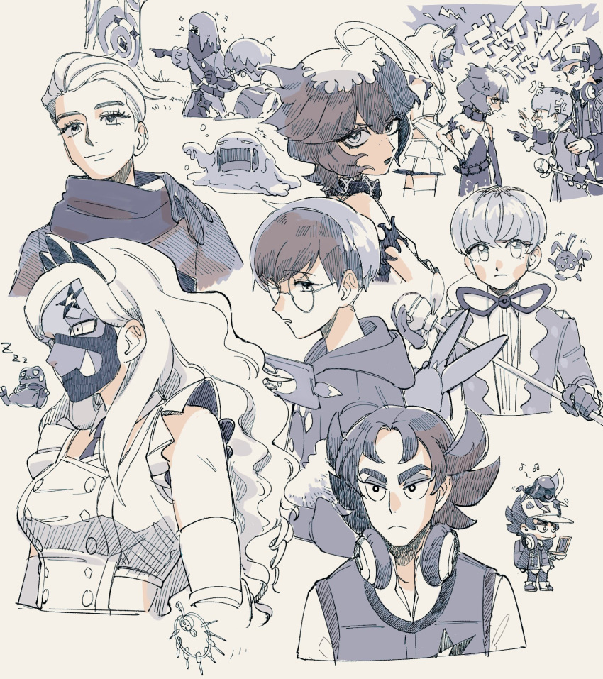 3boys, 3girls, ahoge, atticus_(pokemon), azumarill, bag, bright_pupils, cane