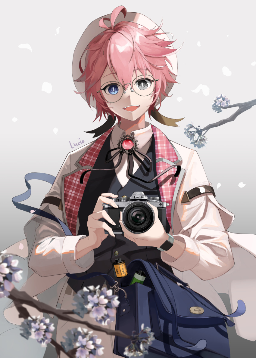 1boy, absurdres, antenna_hair, bag, blue_eyes, brooch, camera, collared_shirt, glasses, grey_eyes, hat, heterochromia, highres, holding, holding_camera, jacket, jewelry, long_sleeves, looking_at_viewer, lucio_(lucioooo38), male_focus, neck_ribbon, open_mouth, original, pink_hair, ribbon, shirt, short_hair, smile, solo, vest, watch, watch