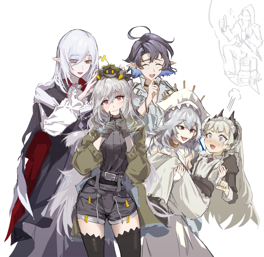 1boy, 1other, 4girls, :d, absurdres, ahoge, ambiguous_gender, animal