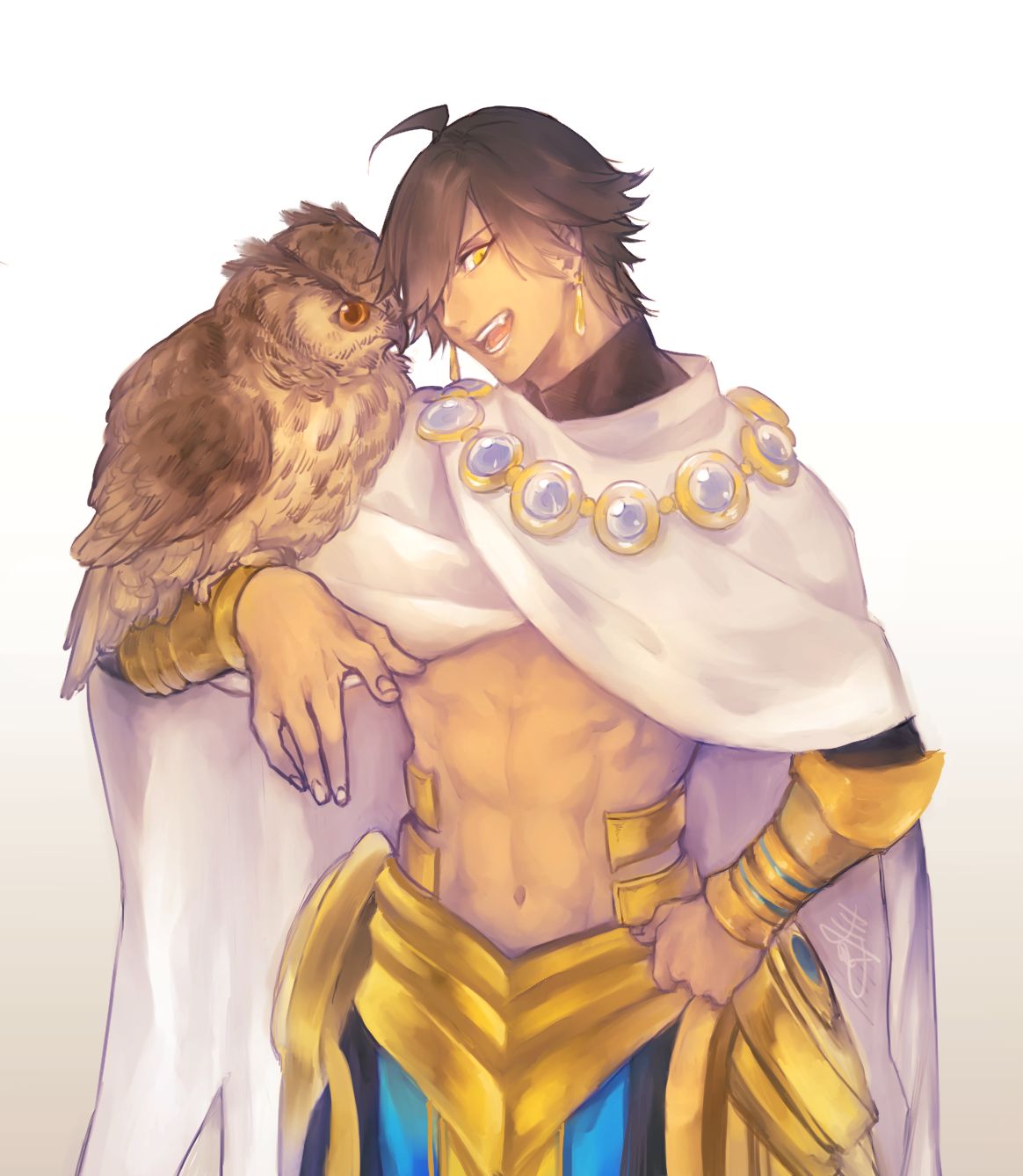 1boy, abs, ahoge, animal, animal_on_arm, bird, bracer, brown_background