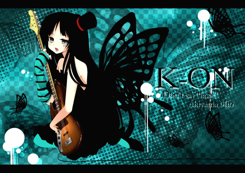 1girl, akiyama_mio, bass_guitar, black_eyes, black_hair, butterfly, don't_say_"lazy", dress