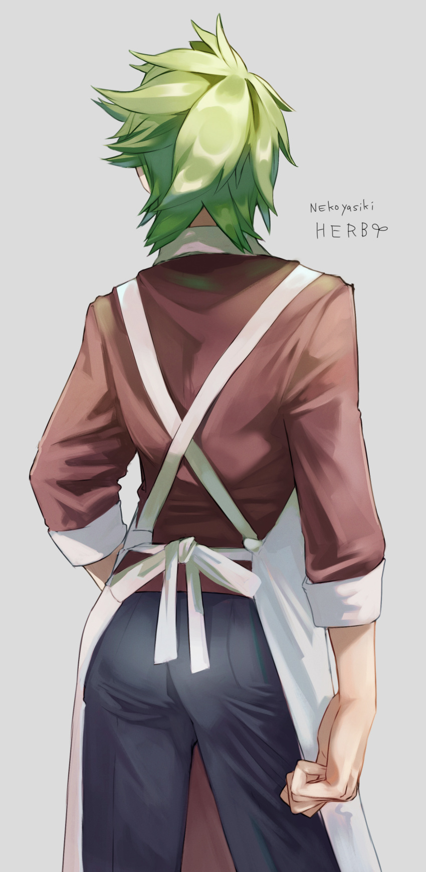 1boy, absurdres, apron, artist_name, back, brown_shirt, collared_shirt, commentary