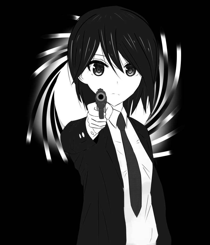 1girl, absurdres, black_hair, dress_shirt, goldeneye_007, greyscale, gun, hair_between_eyes