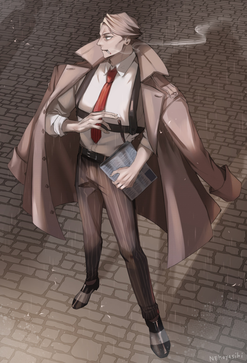 1boy, absurdres, almond_cookie, blush, cigarette, coat, coat_on_shoulders, collared_shirt
