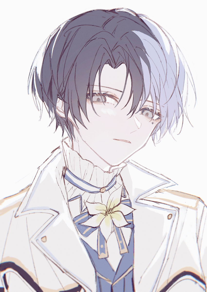 1boy, aoyagi_touya, blue_hair, blue_jacket, blue_ribbon, coat, commentary, curtained_hair