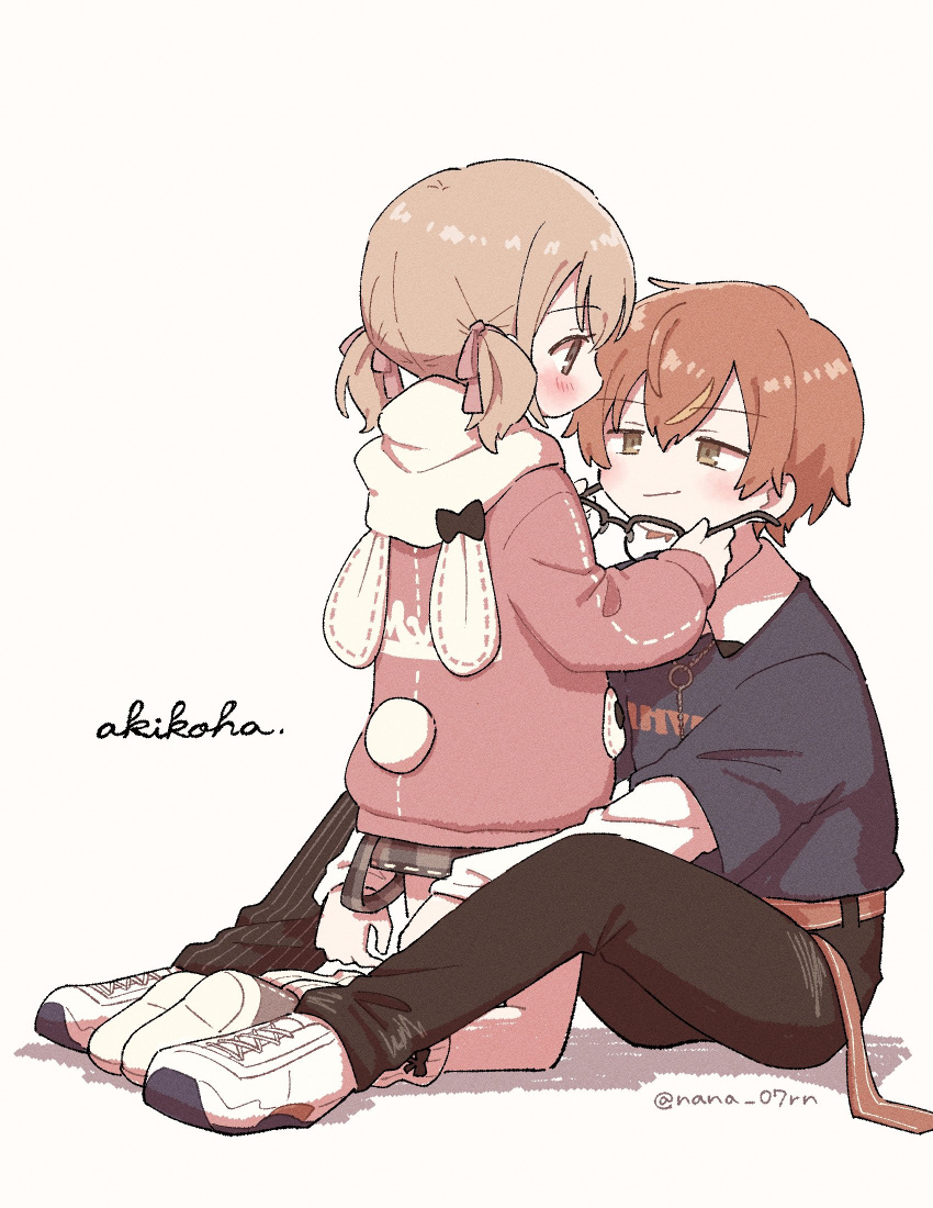 1boy, 1girl, :/, animal_ears, animal_hood, azusawa_kohane, belt, black-framed_eyewear, black_bow, blue_shirt, blush, bow, brown_belt, brown_eyes, character_name, closed_mouth, collared_shirt, colored_shoe_soles, commentary, couple, cross-laced_footwear, cursive, fake_tail, from_behind, full_body, glasses, green_eyes, grey_footwear, hair_ribbon, hetero, highres, holding, holding_removed_eyewear, hood, hood_down, jacket, kneeling, layered_sleeves, light_brown_hair, long_sleeves, looking_at_another, multicolored_hair, nana_07, orange_hair, over-rim_eyewear, pink_jacket, pink_ribbon, project_sekai, rabbit-ear_hood, rabbit_ears, ribbon, semi-rimless_eyewear, shadow, shinonome_akito, shirt, short_hair, short_over_long_sleeves, short_sleeves, short_twintails, sitting, smile, streaked_hair, streetwear, tail, twintails, twitter_username, two-tone_footwear, unworn_eyewear, white_background, white_footwear, white_jacket, white_shirt