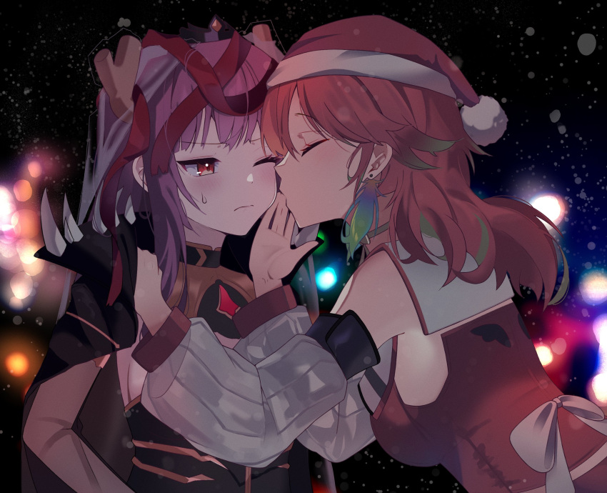 2girls, blush, breasts, closed_eyes, commentary, detached_sleeves, earrings, fake_antlers