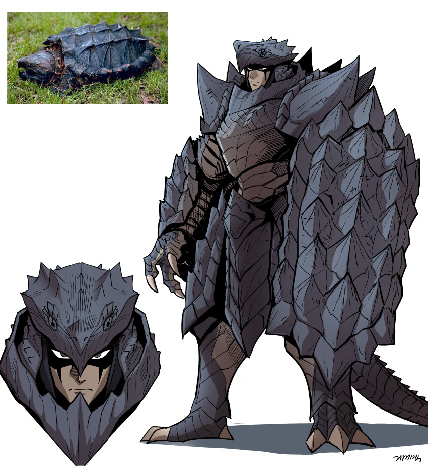 1boy, absurdres, armor, brown_eyes, claws, creature_and_personification, cropped_head, facial_mark, frown, full_body, gegegekman, helmet, highres, holding, holding_shield, knight, looking_at_viewer, male_focus, multiple_views, original, reference_inset, shaded_face, shadow, shield, shoulder_spikes, signature, snapping_turtle, spikes, tail, turtle, turtle_shell, white_background
