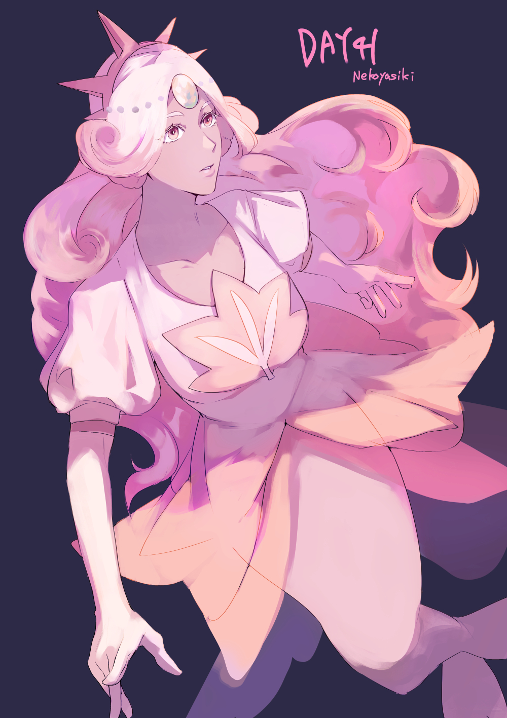 colored_skin, commentary, cookie_run, dress, forehead_jewel, gem, highres, humanization, long_hair, mermaid, monster_girl, nekoyasiki33, pearl_(gemstone), personification, pink_dress, pink_eyes, pink_hair, pink_shirt, pink_skin, shirt, solo, wavy_hair, white_pearl_cookie