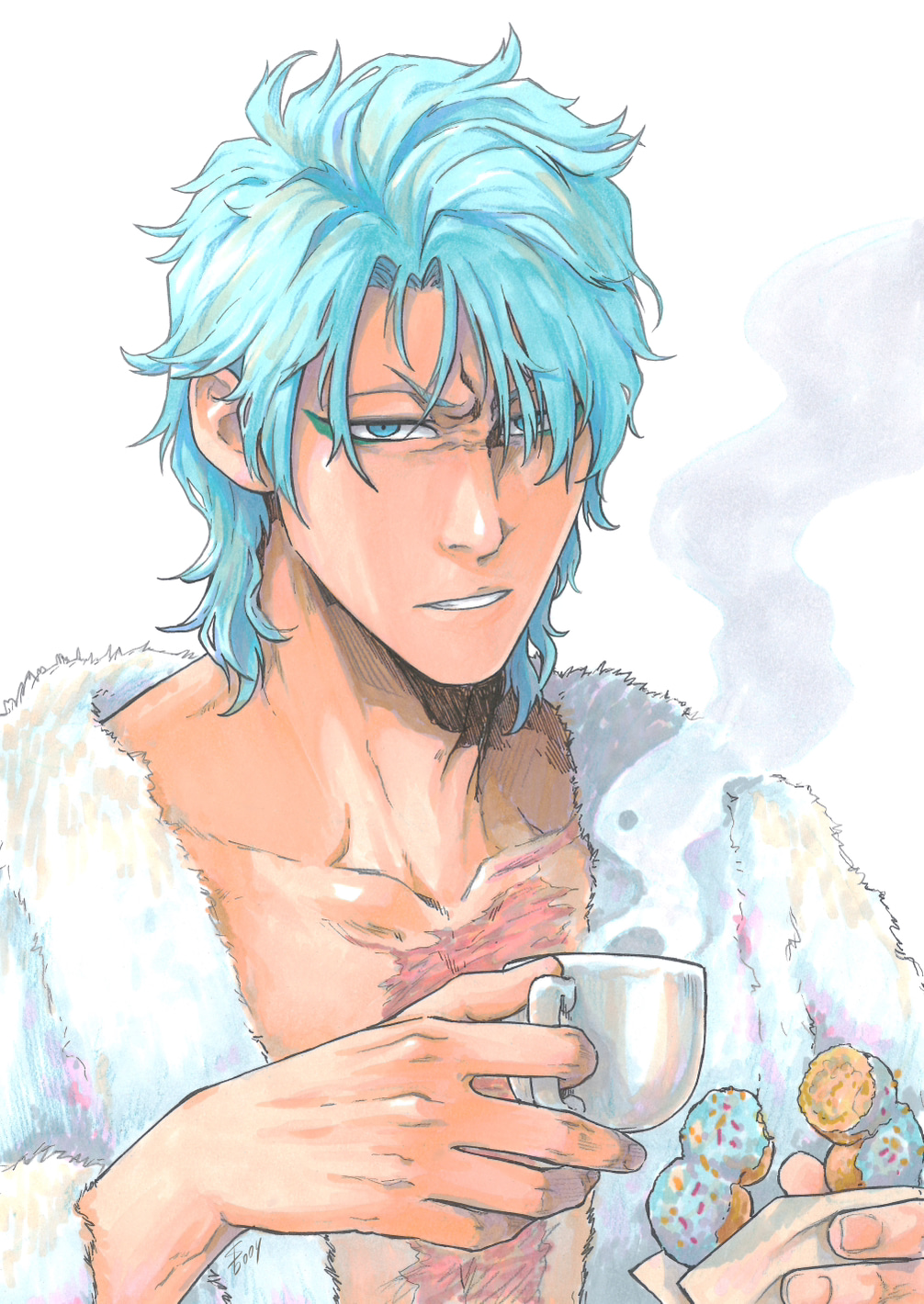 1boy, artist_name, bathrobe, bleach, blue_eyeliner, blue_eyes, blue_hair, collarbone