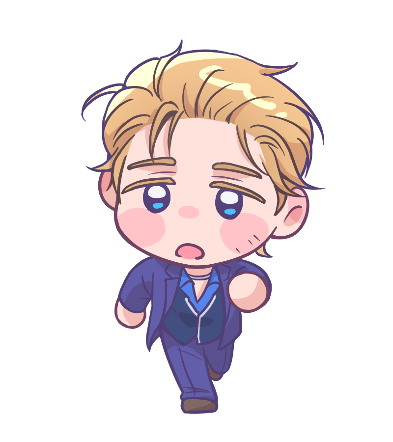 1boy, blonde_hair, blue_shirt, blue_vest, brown_footwear, chibi, dead_by_daylight, facial_hair