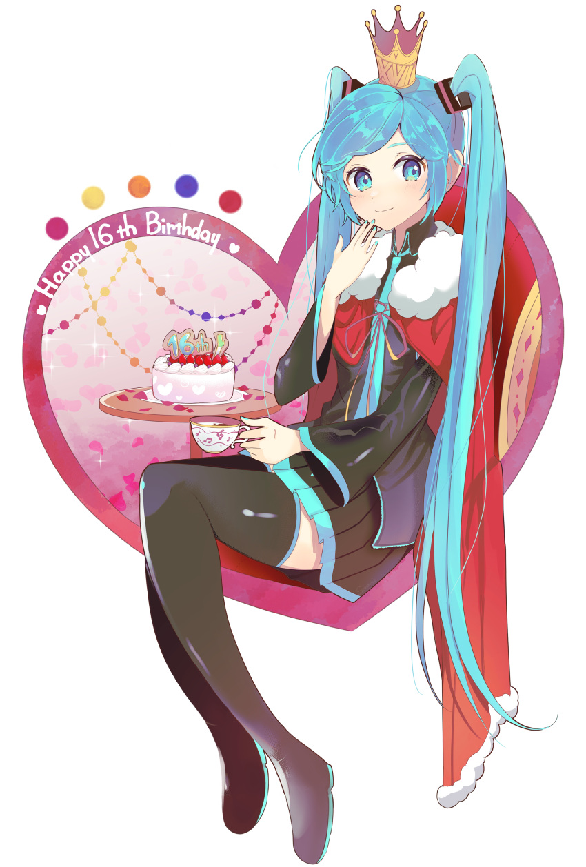 1girl, absurdres, birthday, blue_eyes, blue_hair, blush, boots, cake, cape, collared_shirt, crown, cup, food, fur-trimmed_cape, fur_trim, hand_on_own_face, happy_birthday, hatsune_miku, highres, holding, holding_cup, long_hair, long_sleeves, looking_at_viewer, mini_crown, nail_polish, necktie, pleated_skirt, shirt, sitting, skirt, smile, solo, sorami, spring_onion, teacup, thigh_boots, twintails, very_long_hair, vocaloid