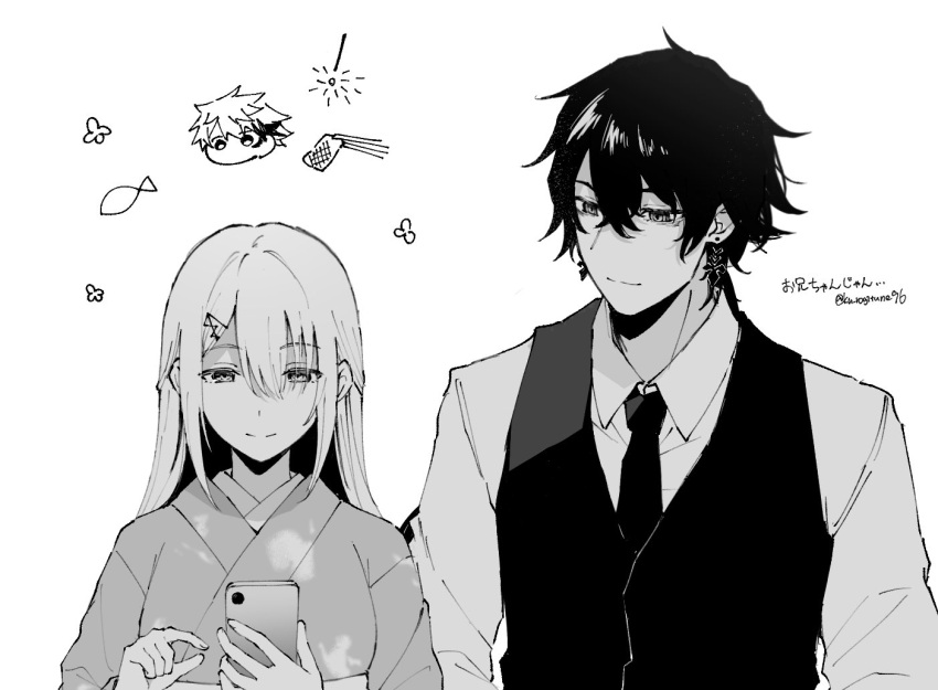 1girl, 2boys, cellphone, chibi, chibi_inset, commentary_request, doodles, dress_shirt