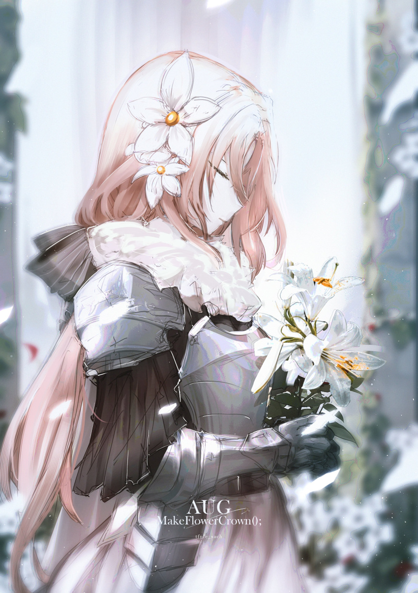 1girl, absurdres, armor, armored_gloves, aug_(girls'_frontline), aug_(requiem_array)_(girls'_frontline), blurry, blurry_background