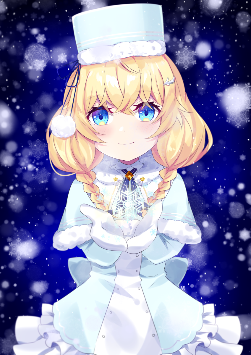 1girl, back_bow, blonde_hair, blue_eyes, blush, bow, braid, brooch