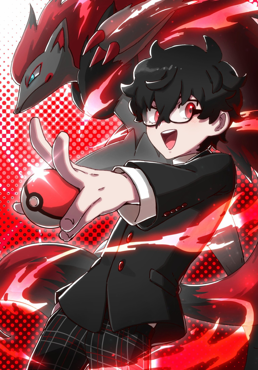 1boy, amamiya_ren, aqua_eyes, black_hair, black_jacket, claws, crossover, glasses