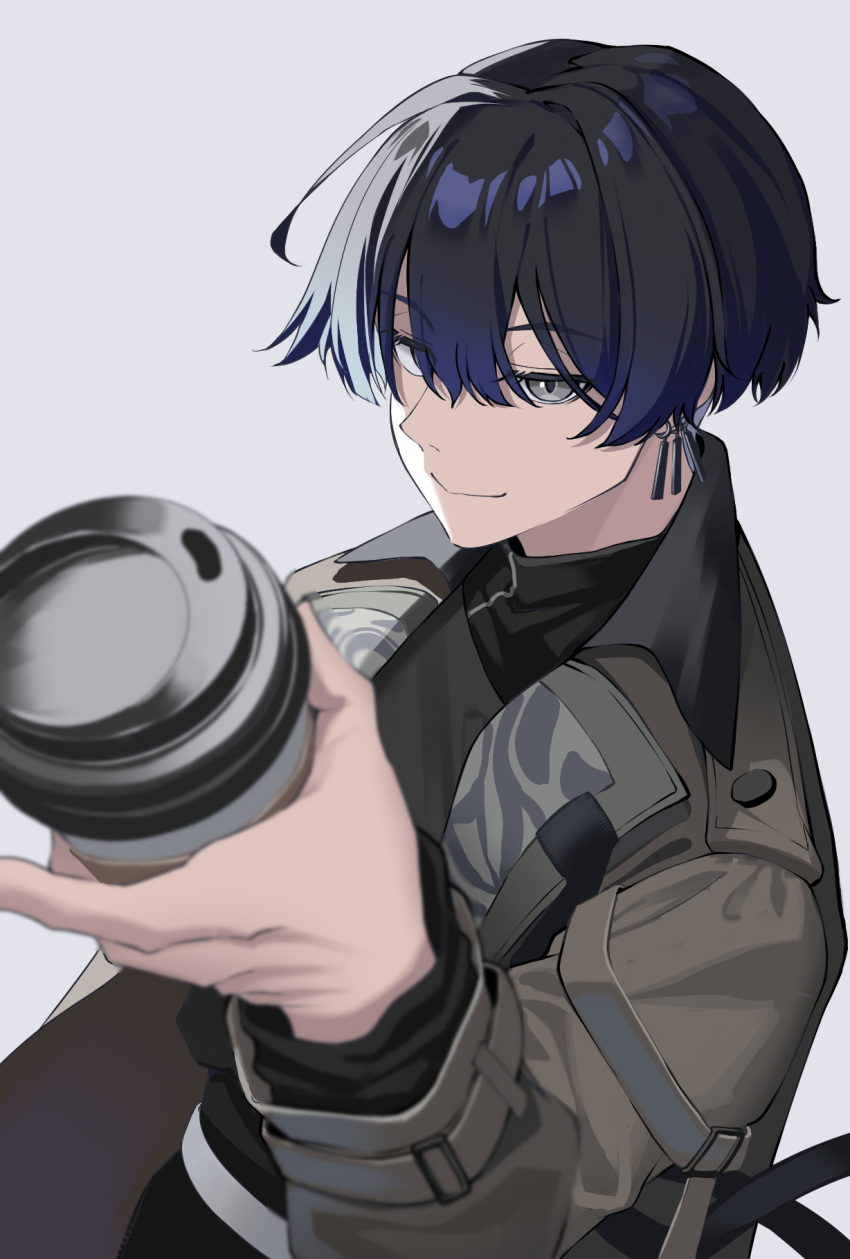1boy, aogiri_eito, black_hair, blue_hair, cup, disposable_cup, earrings, gradient_hair, grey_eyes, highres, holding, holding_cup, jacket, jewelry, long_sleeves, looking_at_viewer, lucio_(lucioooo38), male_focus, multicolored_hair, neo-porte, short_hair, smile, solo, virtual_youtuber