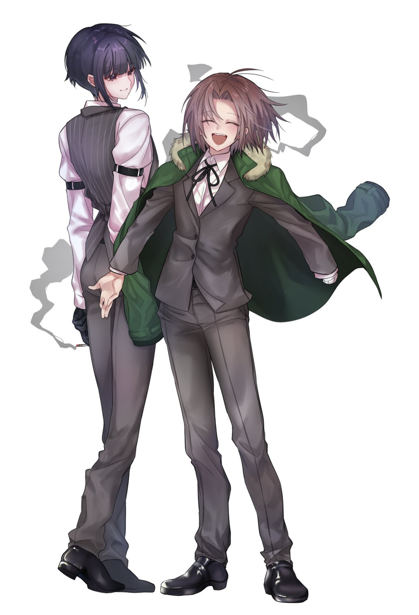 2boys, black_eyes, black_hair, brown_hair, closed_eyes, closed_mouth, facing_viewer, full_body