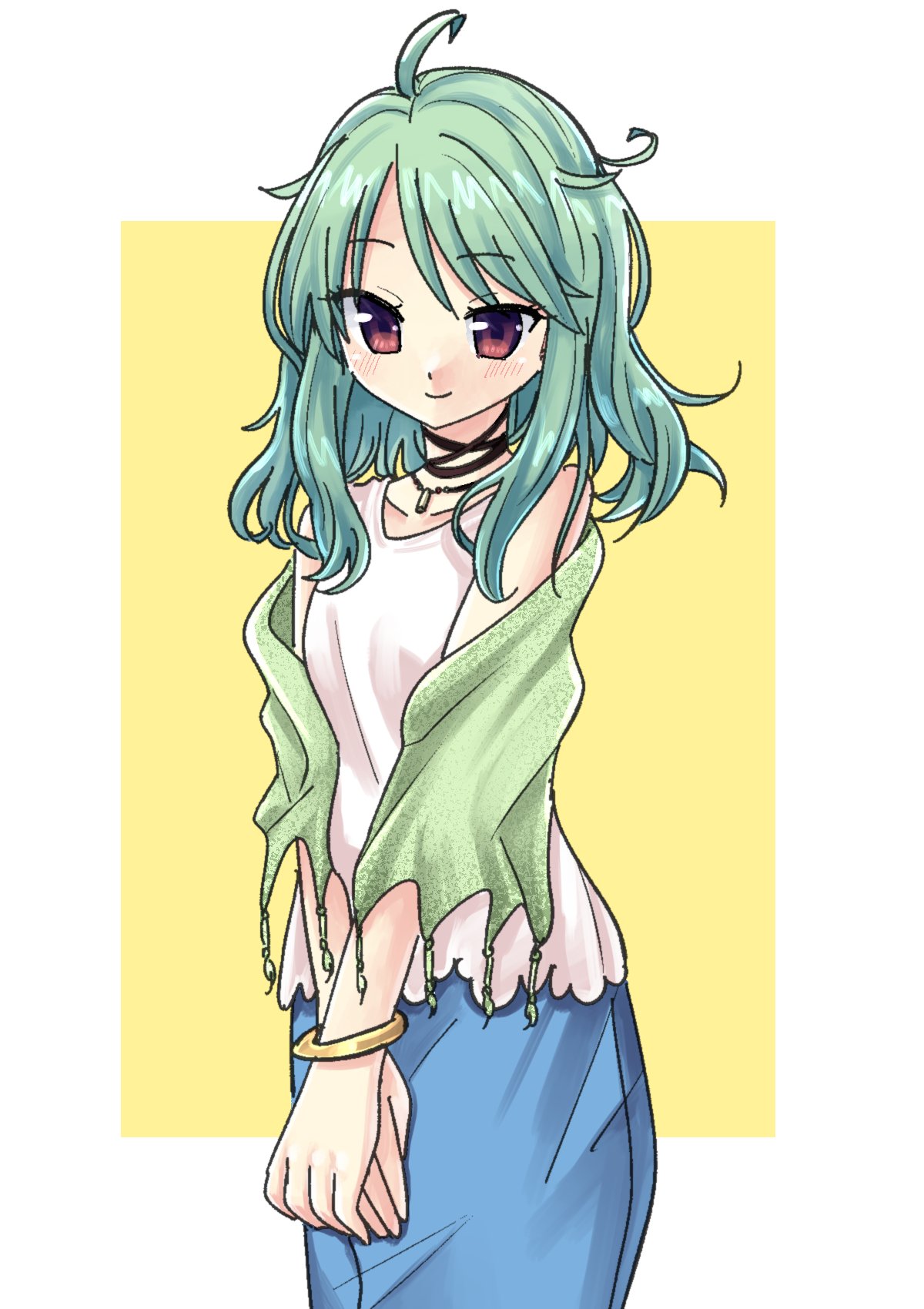 bangle, blue_skirt, bracelet, brown_eyes, choker, green_hair, highres, jewelry