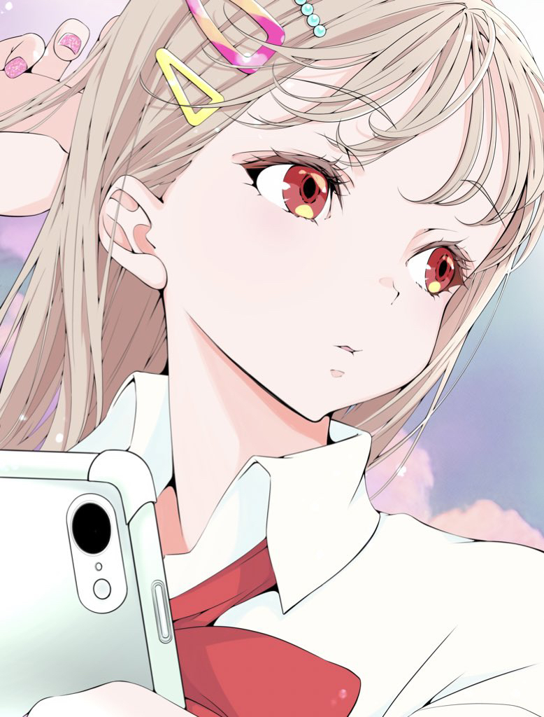 1girl, blonde_hair, blush, bow, bowtie, cellphone, collared_shirt, gyaru