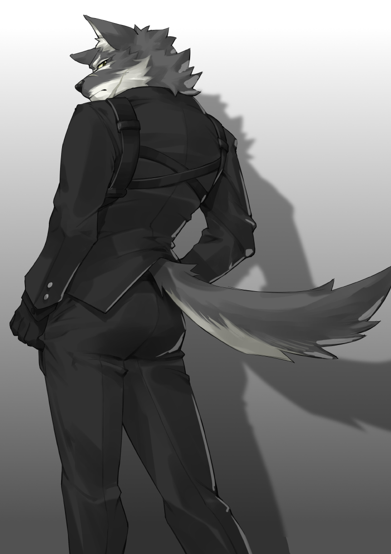 1boy, animal_ears, arknights, black_eyes, black_pants, black_suit, colored_sclera, feet_out_of_frame