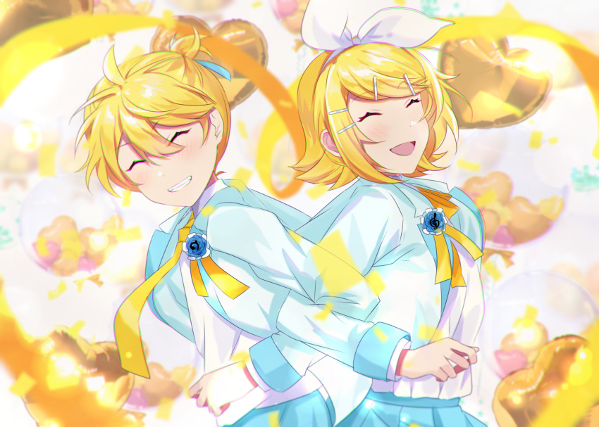 1boy, 1girl, balloon, blonde_hair, blurry, blurry_background, blush, boutonniere